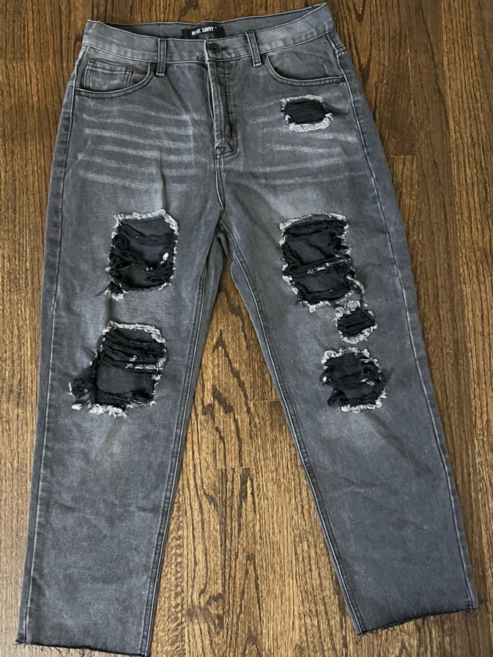 Slim Fit Distressed Gray Men's Jeans with Black Ripped Panels